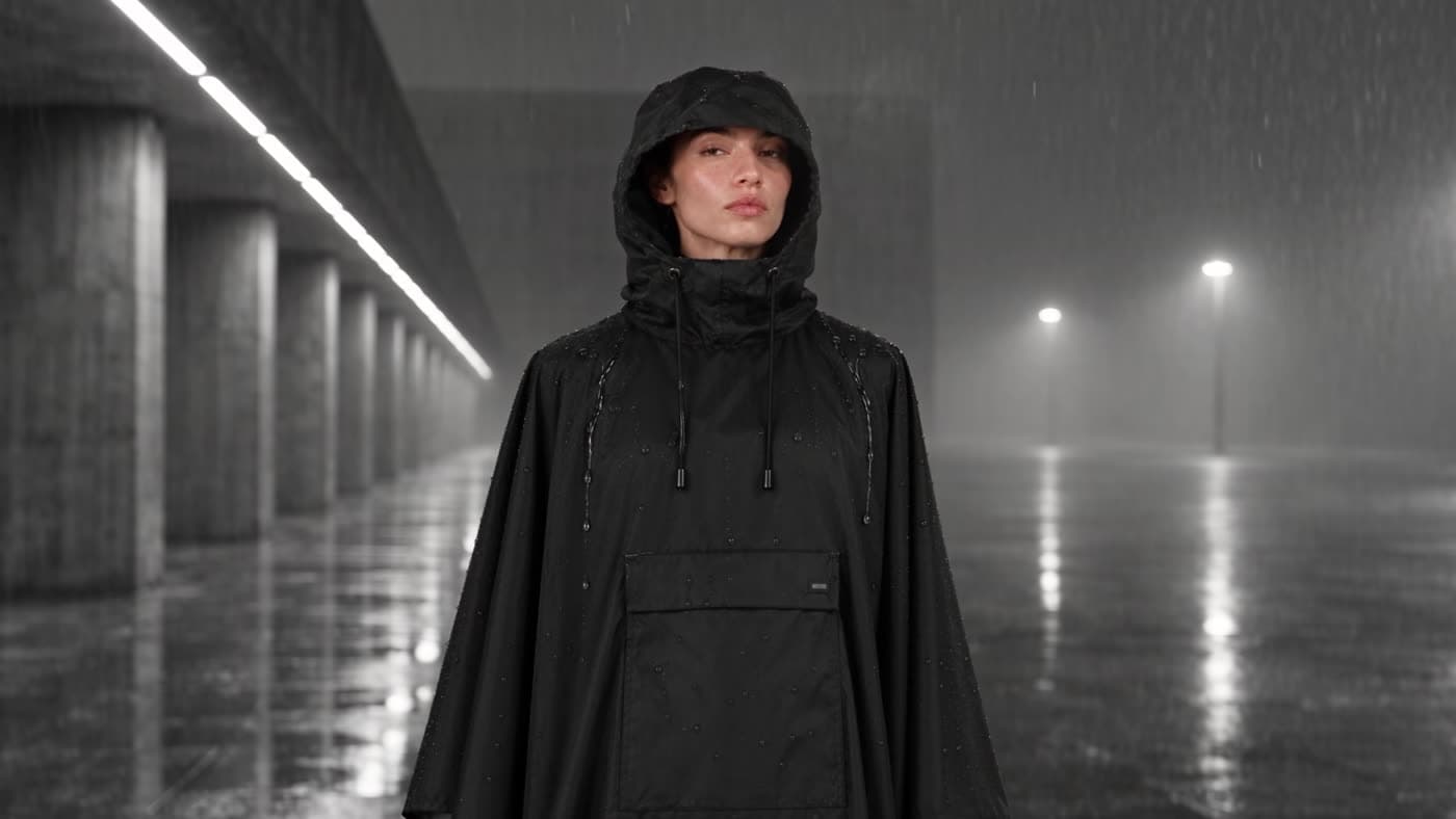 Modelo con la capa negra bajo la lluvia en una plaza de concreto